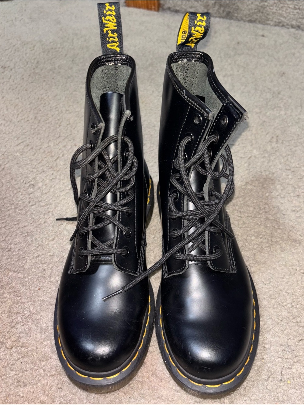 Dr. Martens Black Leather Lace-Up Boots with Yellow Stitching